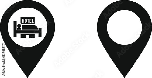 Two black location pin icons one with a hotel on transparent background silhouette