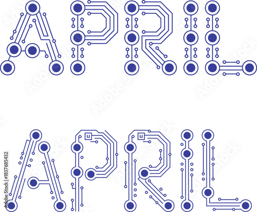 april tech themed month, circuit style lettering for springtime design, digital april vector art
