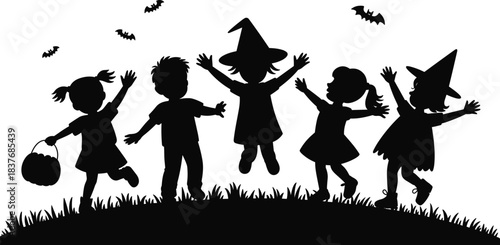 Happy children in Halloween costumes, jumping with joy, bats flying, trick or treat celebration, spooky fun night party silhouettes