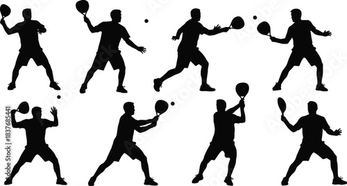Diverse tennis player poses in action ideal for sports graphics on transparent background silhouette