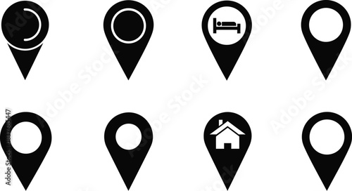 Black map pin icons with different symbols on transparent background silhouette