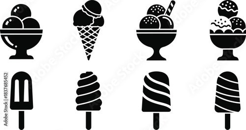 Assorted ice cream treats and popsicles in black silhouette on transparent background