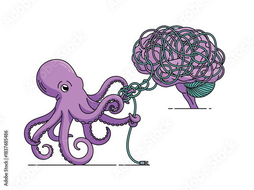 An octopus is tangling a human brain with its tentacles, symbolizing complex thoughts or mental challenges.