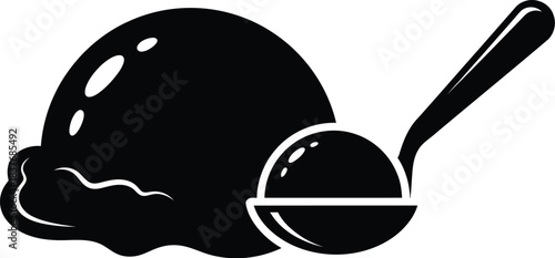 Black ice cream scoop illustration with a detailed design on transparent background silhouette