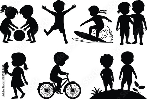 Happy children playing outdoors, riding bicycles, eating ice cream, surfing, silhouette illustration of active kids having fun in summer