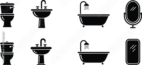 Bathroom fixtures icons set including toilet sink tub mirror on transparent background silhouette