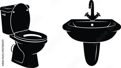 Black toilet and sink icon design on transparent background silhouette