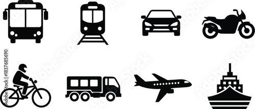 Various transportation icons in black including a bus train and airplane silhouette on transparent background
