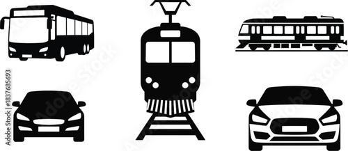 Black transportation icons including bus train car and tram on transparent background silhouette