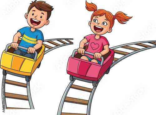 Happy kids enjoying roller coaster ride, amusement park fun, boy and girl laughing, exciting adventure, childhood joy, fun ride thrill