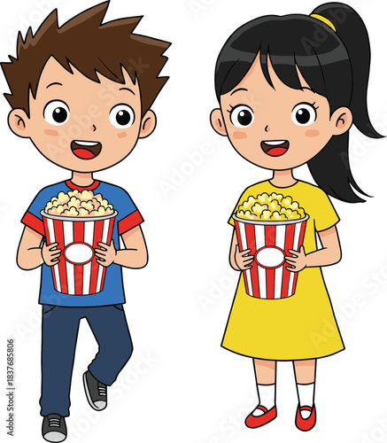 Happy kids holding popcorn buckets, boy and girl enjoying snacks, smiling children, movie time, fun food, family entertainment, kids eating popcorn