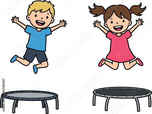 Happy kids jumping on trampoline, cartoon boy and girl playing together, childhood fun, outdoor activity, exercise, bouncing game, friendship, excitement