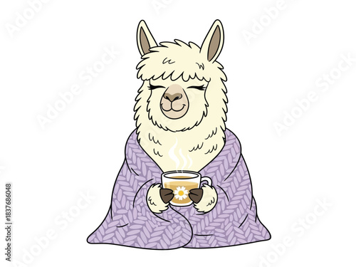 A cozy llama wrapped in a purple blanket, holding a steaming mug of tea with a daisy design.