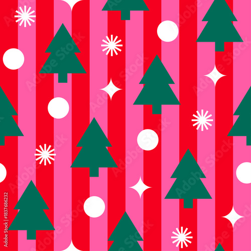 Geometric pine tree, dot and star with red striped seamless pattern design for Christmas and new year background.