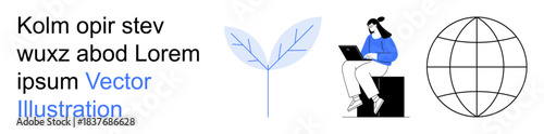 Remote work, digital communication, sustainability, global connection, creative industries, education. Person using a laptop, plant icon globe outline. Digital communication and sustainability