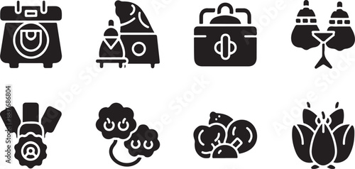 Set of eight black and white hand drawn icons representing food and household items