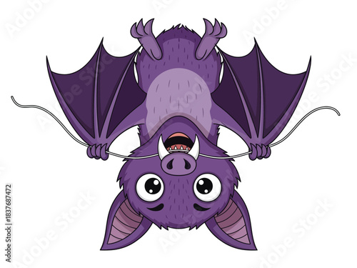 A cute, cartoonish purple bat is hanging upside down by its feet, holding onto a thin wire with its wings spread wide.