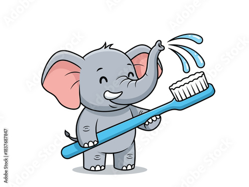 A cute cartoon elephant is happily holding a large blue toothbrush and spraying water from its trunk.