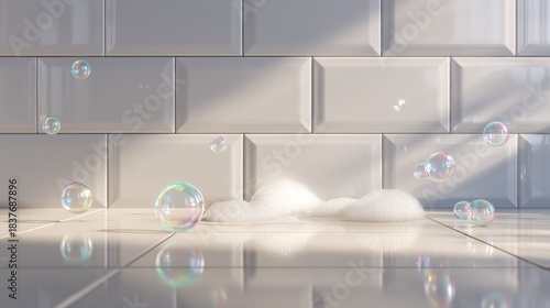 Clean white bathroom tiles with floating soap bubbles, minimalist hygiene background with soft light, fresh atmosphere and modern cleanliness concept
