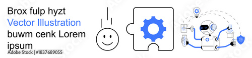 Artificial intelligence, problem-solving, creativity, robotics, innovation, teamwork. A robot connecting puzzle pieces and a smiling face icon. Artificial intelligence and problem-solving ion