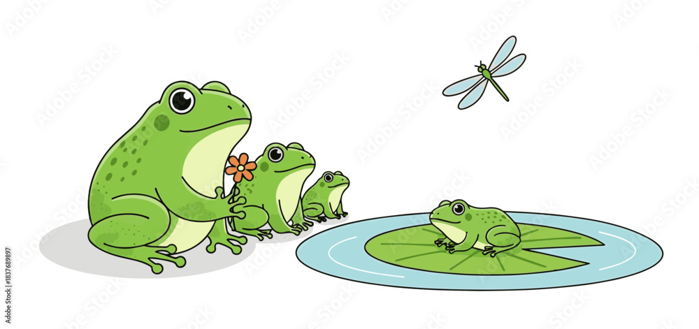 Fototapeta premium Cute cartoon frog family observing a dragonfly near a lily pad