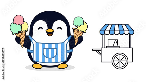 Cheerful Penguin Ice Cream Vendor with Cones and Outline of a Food Cart