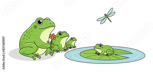 Cute cartoon frog family observing a dragonfly near a lily pad