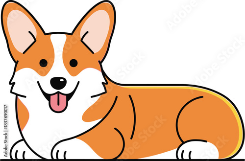 A cute cartoon corgi dog with orange and white fur, lying down with its tongue out and a happy expression.