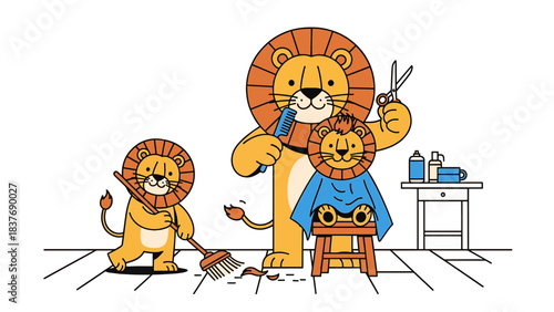 Cartoon lions at a barbershop: Dad lion cuts son's hair while another cub sweeps