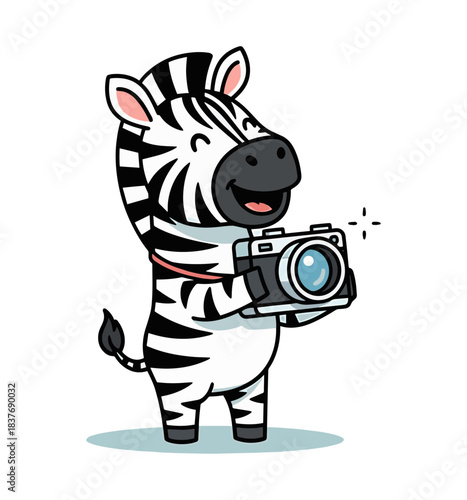 Cute cartoon zebra photographer with a camera, smiling and happy