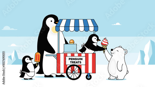 Penguins Selling Ice Cream and Popsicles to a Polar Bear in the Arctic
