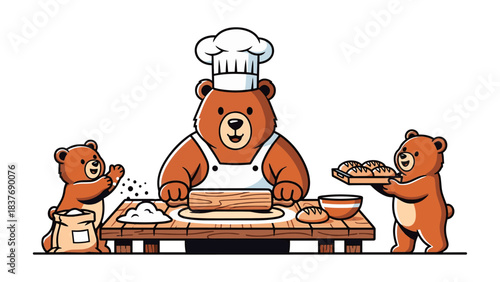 Cute Cartoon Bears Baking Fresh Bread Together