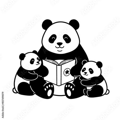 Adorable panda parent reading story to two cubs, black and white vector art