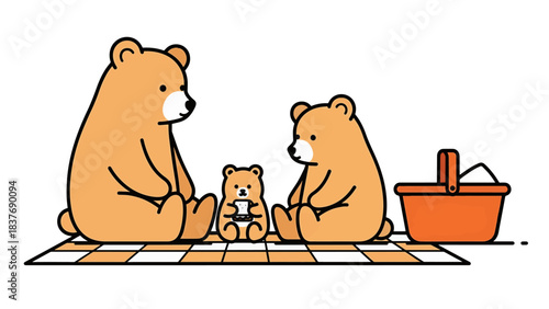Cute cartoon bear family enjoying a picnic on a checkered blanket illustration