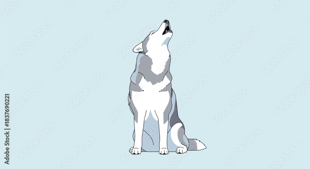 Obraz premium A stylized illustration of a grey and white wolf sitting and howling with its head tilted back against a pale blue background.