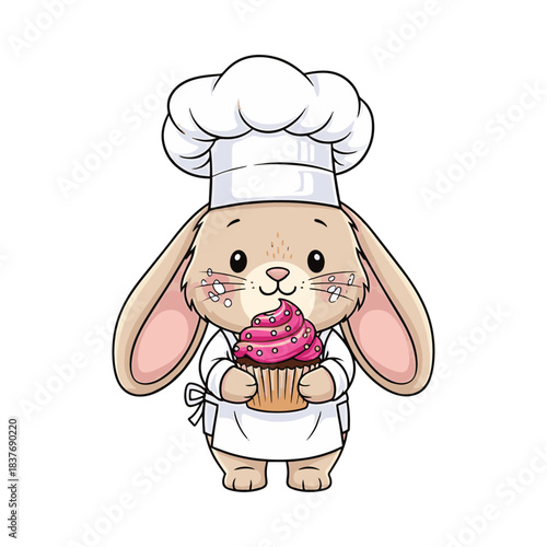 Adorable Cartoon Bunny Chef Enjoying a Pink Sprinkled Cupcake