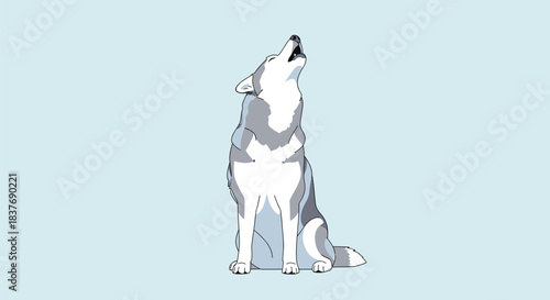 A stylized illustration of a grey and white wolf sitting and howling with its head tilted back against a pale blue background.