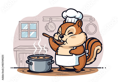 Adorable chipmunk chef cooking in the kitchen, tasting a steaming pot of soup.