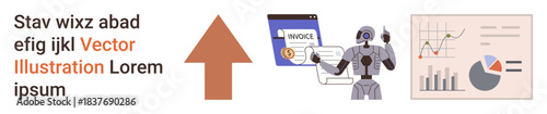 Financial automation, artificial intelligence, technology, data analytics, innovation, visualization. Robot with invoice, charts and data. Financial automation and artificial intelligence concept
