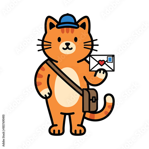 Cute orange cat mail carrier with blue cap holding a love letter