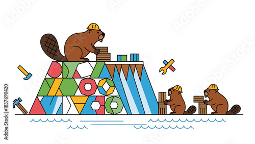 Beavers in hard hats building a colorful dam with geometric shapes and tools