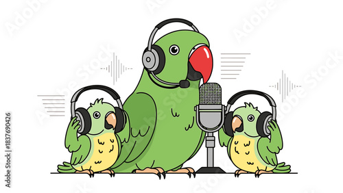 Parrot family podcasting with a microphone and headphones