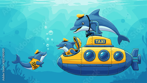 Cartoon Dolphins Operating an Underwater Submarine Taxi Service