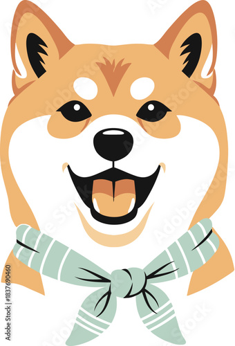 Happy cartoon Shiba Inu dog head with a light blue striped scarf tied in a bow, smiling with its tongue out.