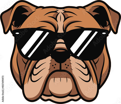 A cool bulldog wearing sunglasses, depicted in a cartoonish, graphic style.