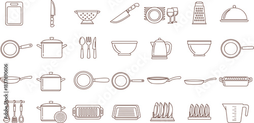 Kitchen Utensils: A collection of kitchen utensils is neatly arranged, featuring a variety of essential tools. 