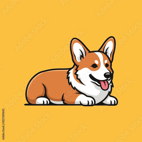 A cute cartoon corgi dog with brown and white fur lying down and smiling on a yellow background, vector illustration.