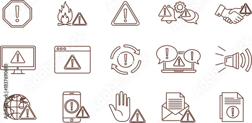 Warning Icons, Safety Alerts, Digital Environment, Graphic Design, Professional Workspace, Informative View, Visual Communication