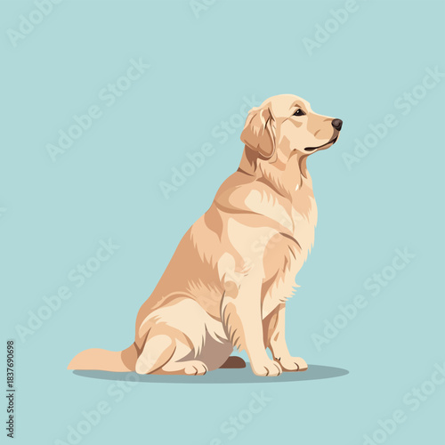 A beautiful golden retriever dog sitting attentively against a soft blue background.