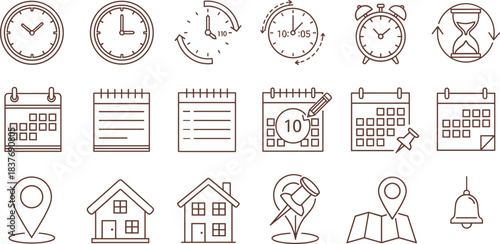 Time, Schedule, and Location Icons: A versatile collection of minimalist icons representing time, appointments, and location, ideal for web design, app interfaces, and presentations. 